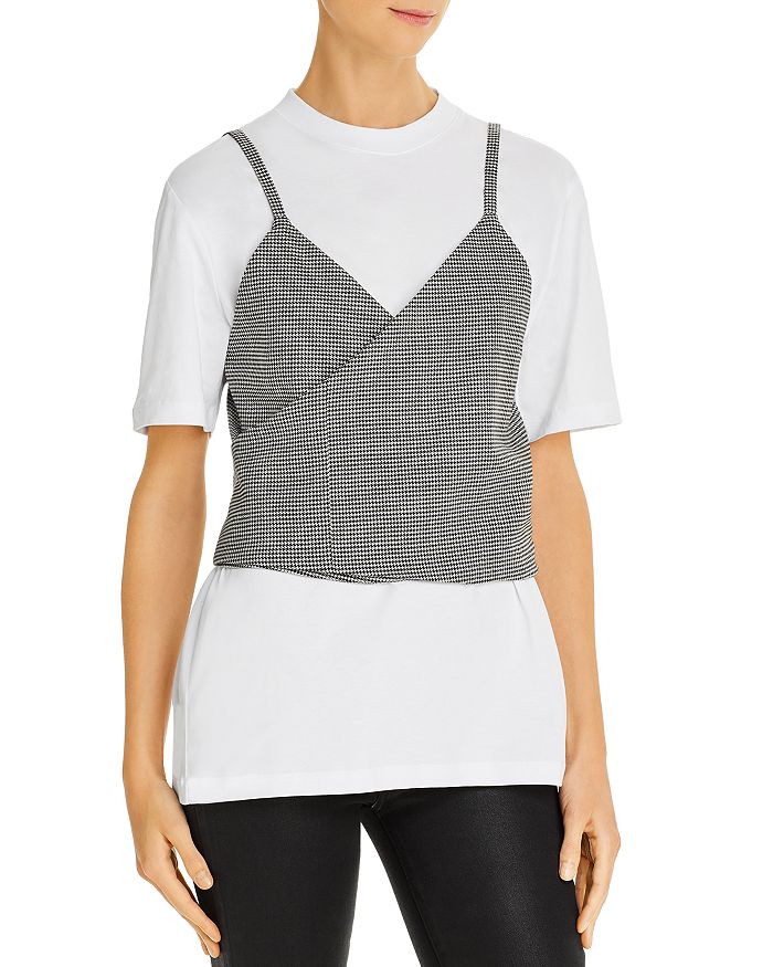 Msgm Tee With Cropped Houndstooth Vest In Optical White