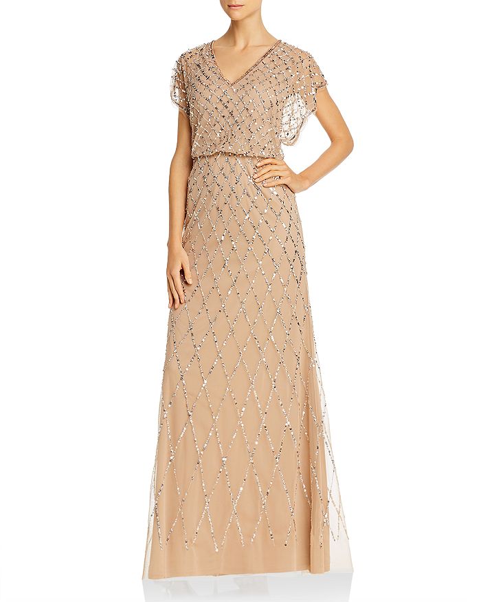 Adrianna Papell Embellished Blouson Dress In Champagne/silver
