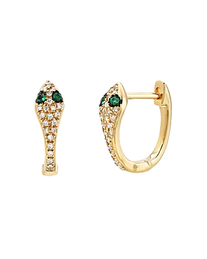 14K Yellow Gold Diamond & Emerald Snake Huggie Hoop Earrings