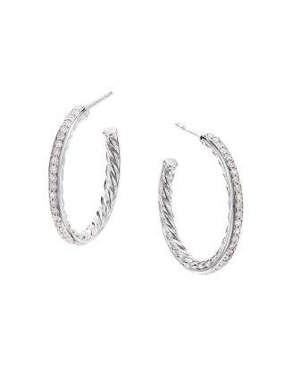 David Yurman Sterling Silver Small Hoop Earrings with Pavé Diamonds ...