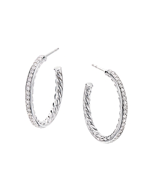 Photos - Earrings David Yurman Sterling Silver Small Hoop  with Pave Diamonds Silver 