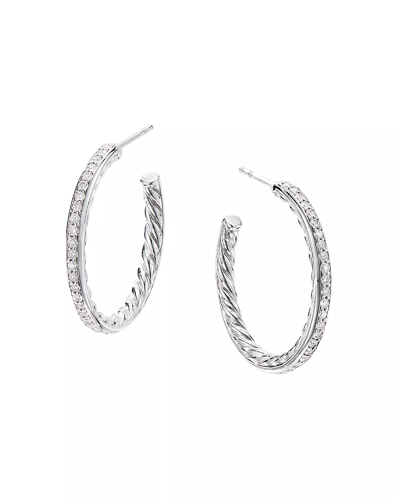 David Yurman Sterling Silver Small Hoop Earrings with Pave Diamonds