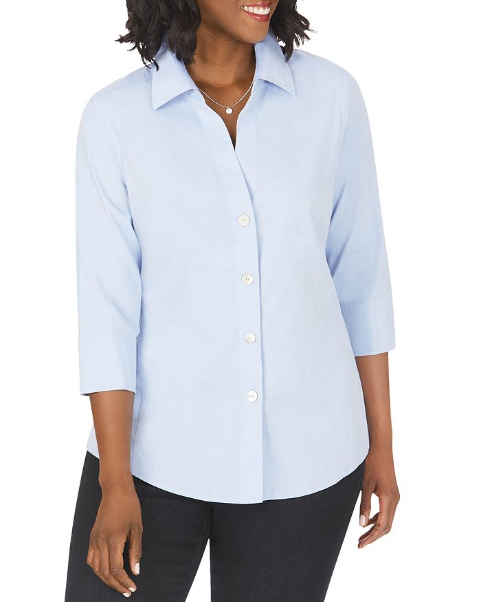Foxcroft Plus Paityn Three-quarter Sleeve Poplin Shirt In Blue Wave