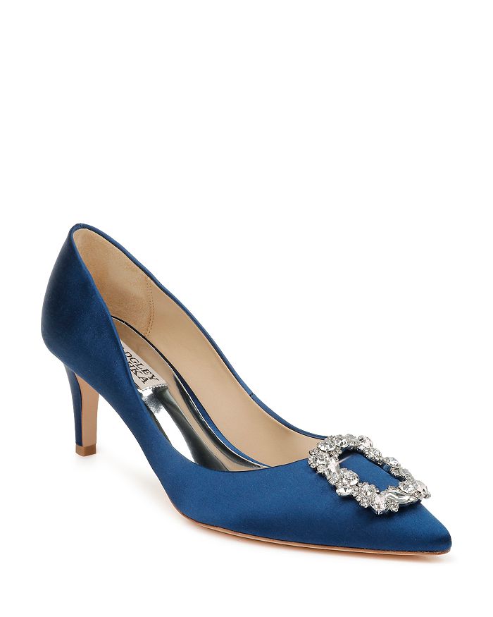 Badgley Mischka Carrie Crystal Pilgrim Satin Pumps In Navy Satin
