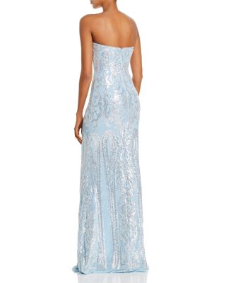 aqua asymmetric strapless velvet gown