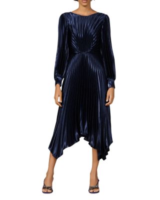 navy pleated midi dress