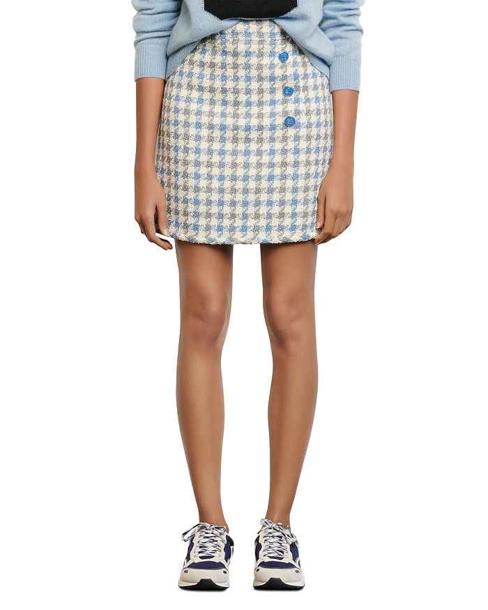 Sandro Calia Houndstooth Cotton-blend Tweed Mini Skirt In Blue Sky