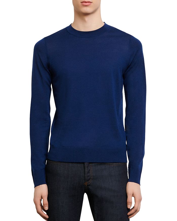 Sandro Merino Wool Crewneck Sweater In Dark Blue