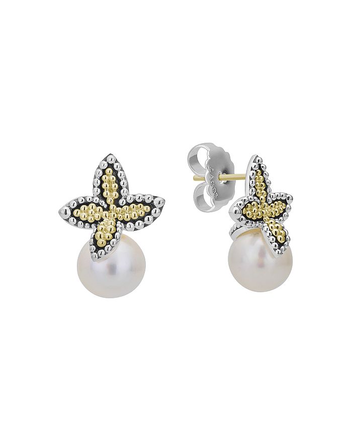Shop Lagos Cultured Freshwater Pearl Luna Floral Earrings In 18k Gold & Sterling Silver In White/multi