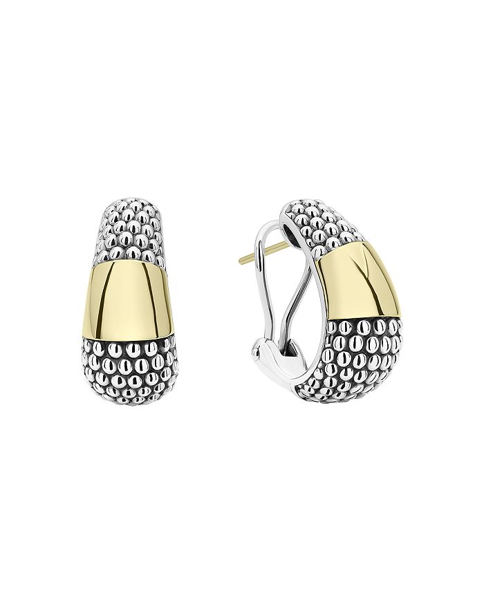 Shop Lagos 18k Yellow Gold & Sterling Silver High Bar Caviar Huggie Earrings In Gold/silver