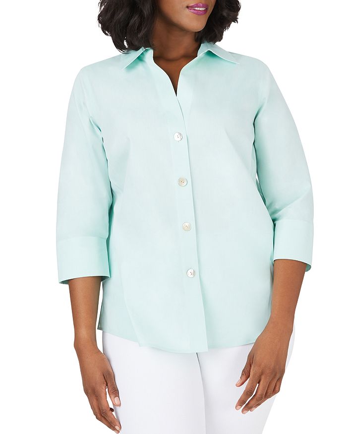 Foxcroft Plus Paityn Three-quarter Sleeve Poplin Shirt In Creme De Mint