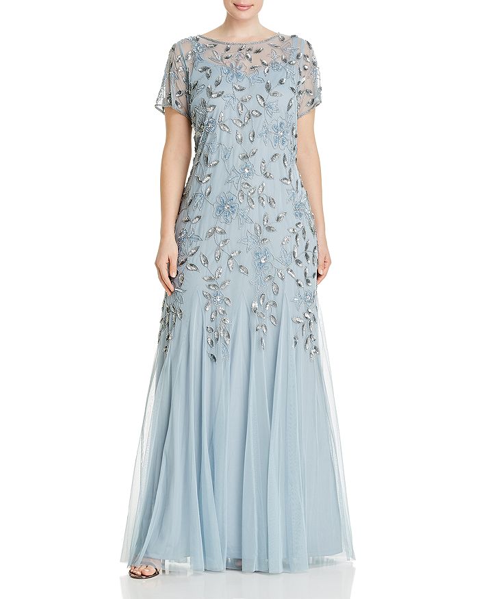 ADRIANNA PAPELL PLUS FLORAL EMBELLISHED GODET GOWN,091897241