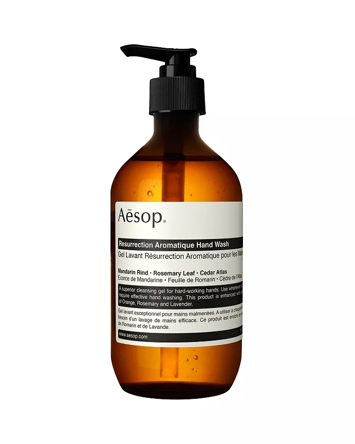 Brown bottle of Aesop Resurrection Aromatique hand wash with white and black label and black pump