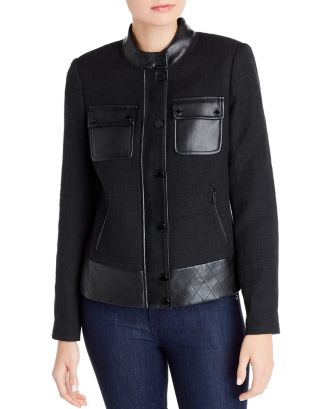 KARL LAGERFELD PARIS Tweed & Faux Leather Jacket | Bloomingdale's