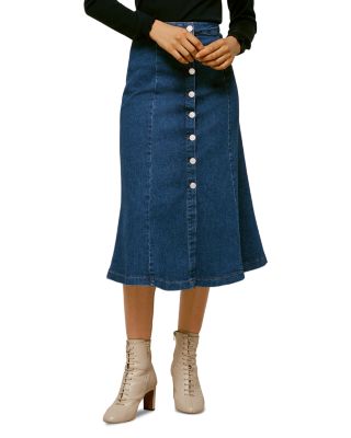 button front denim flared skirt