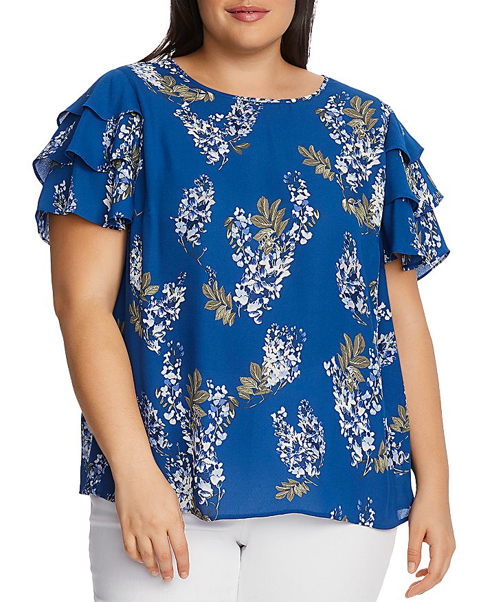 Vince Camuto Plus Weeping Willows Floral Print Tiered-sleeve Top In Dusk Blue