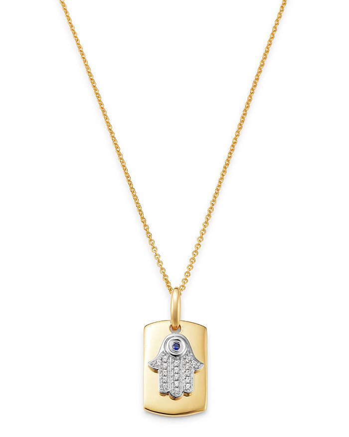 Bloomingdale's Blue Sapphire & Diamond Hamsa Hand Dog Tag Pendant Necklace In 14k Yellow Gold, 18 - 100% Exclusive In White/gold
