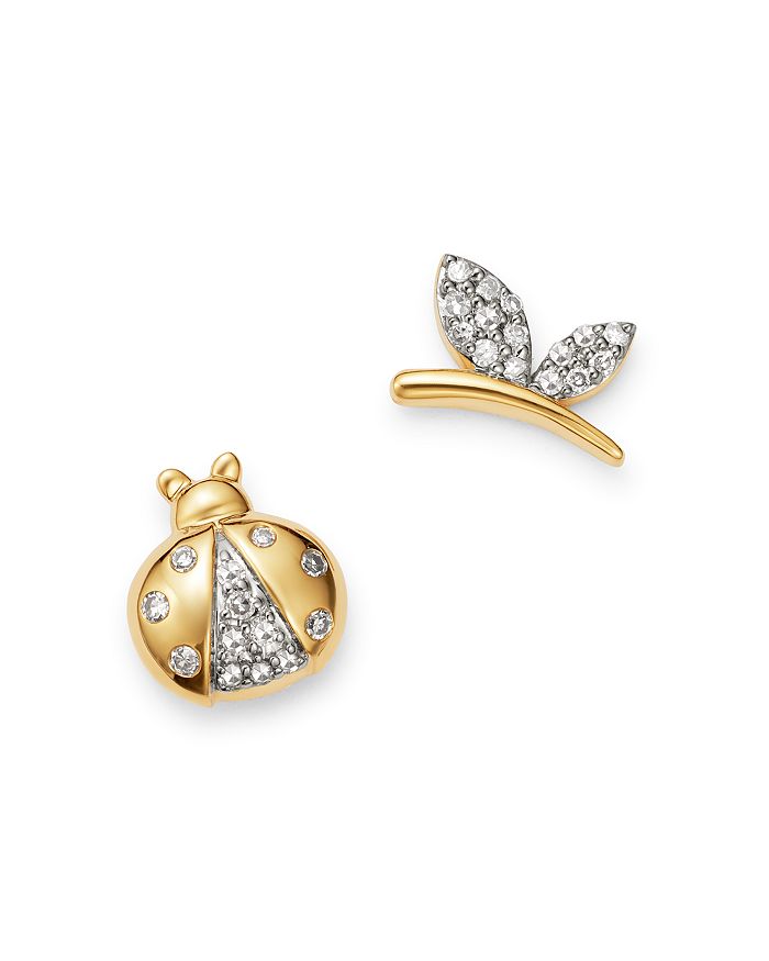 Adina Reyter 14k Yellow Gold Garden Diamond Pave Lady Bug & Butterfly Mismatch Stud Earrings - 100% Exclusive In White/gold