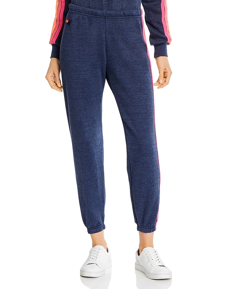 Rainbow-Stripe Sweatpants in Heather Navy/Neon Stripe