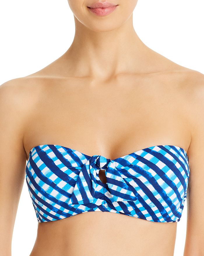 Gingham Bikini Set Drawstring Knot Front Bandeau Bra Top & Tie