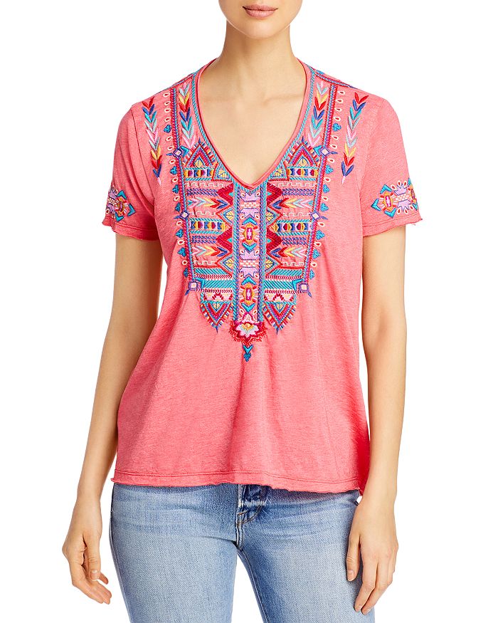 Johnny Was Laurelle Embroidered V-Neck Tee | Bloomingdale's