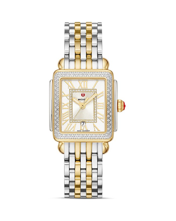 Shop Michele Deco Madison Mid Watch, 29mm In White/two Tone