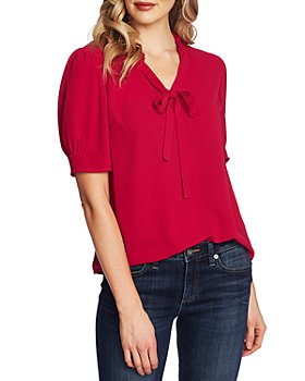 CeCe Womens Long Sleeve Collared Blouse w/Neck Tie and Ruffle