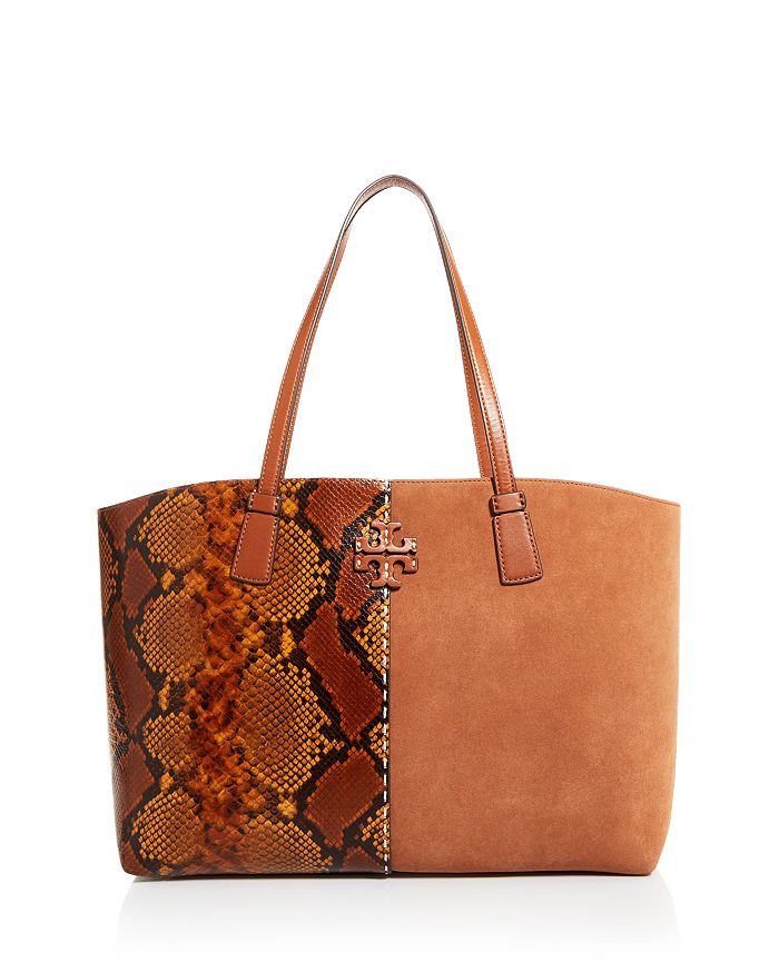 TORY BURCH MCGRAW SNAKE-EMBOSSED LEATHER & SUEDE TOTE,71909