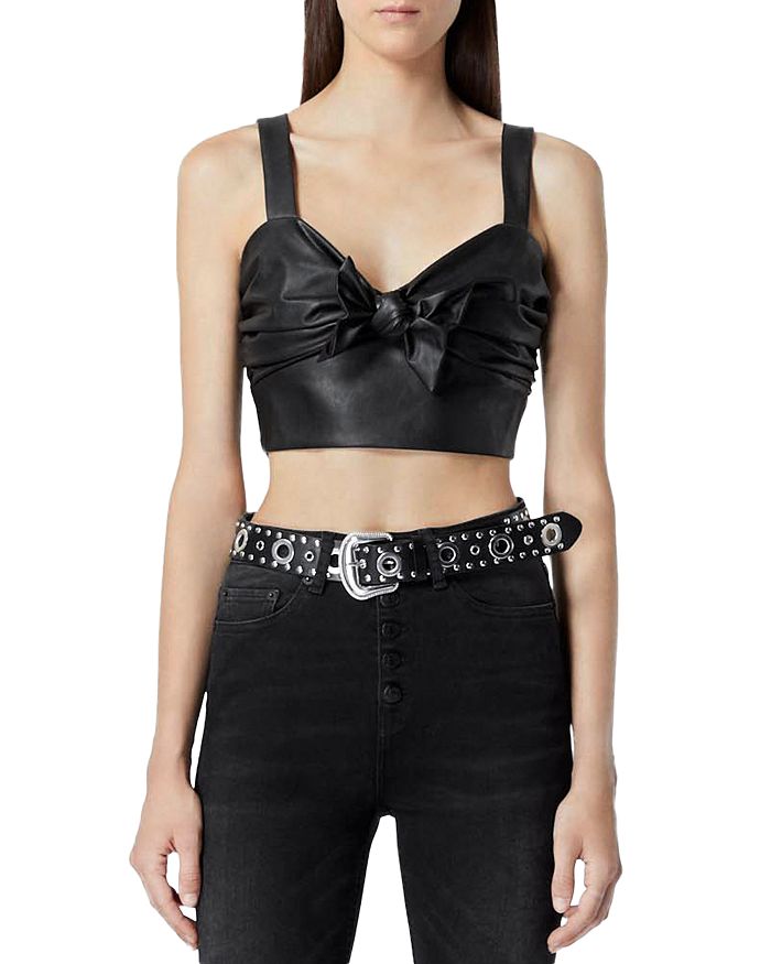 The Kooples FAUX LEATHER BOW FRONT BUSTIER TOP