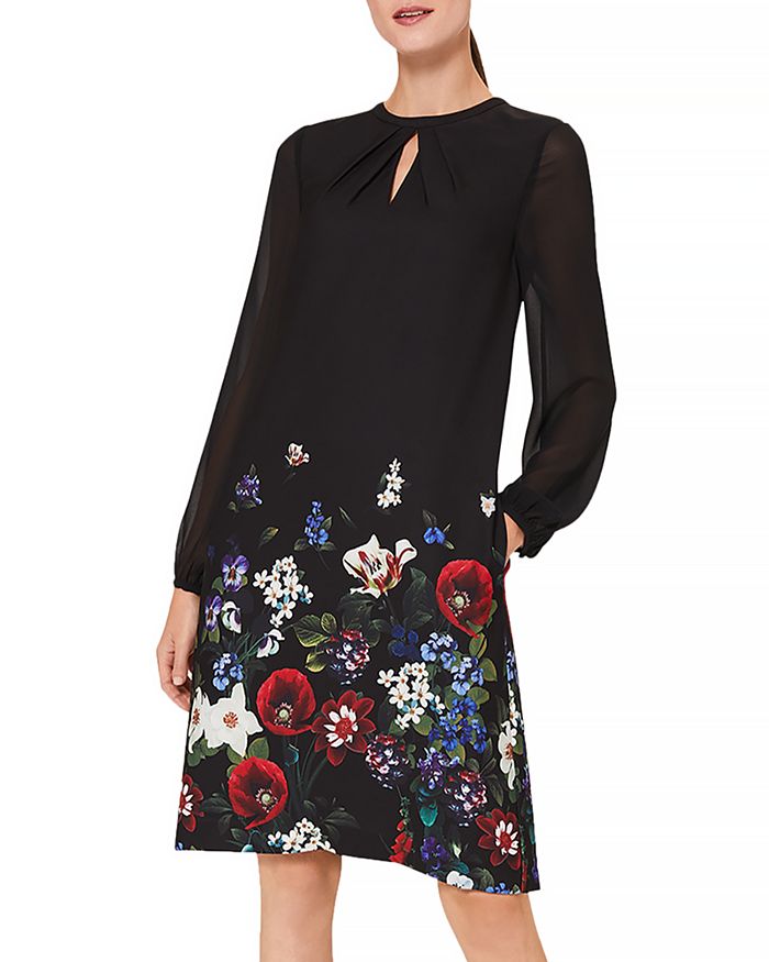Hobbs London Aura Floral Print Sheer Sleeve Dress In Black Multi 