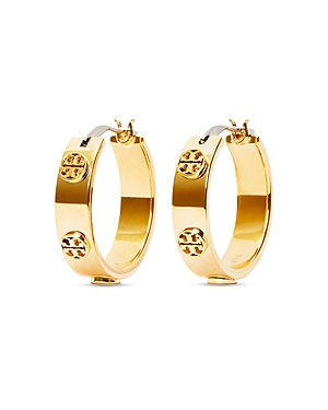 Shop Tory Burch Miller Logo Huggie Hoop Earrings In Gold