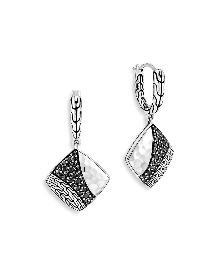 JOHN HARDY STERLING SILVER CLASSIC BLACK SAPPHIRE & BLACK SPINEL CHAIN HAMMERED SQUARE DROP EARRINGS,EBS9002384BLSBN