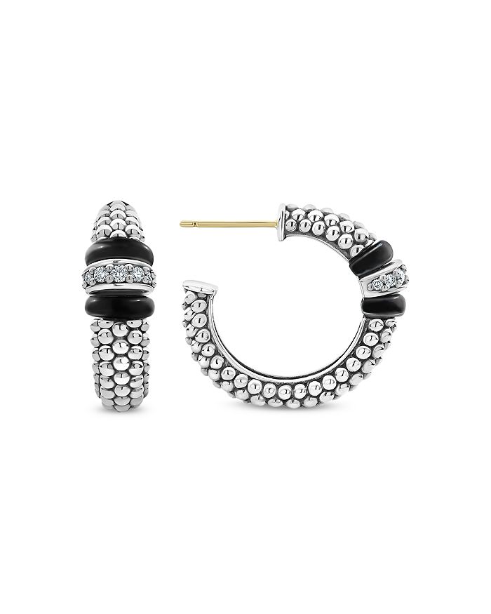 LAGOS Sterling Silver Black Caviar Diamond & Black Ceramic Hoop ...