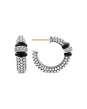 Lagos Sterling Silver Black Caviar Diamond & Black Ceramic Hoop Earrings