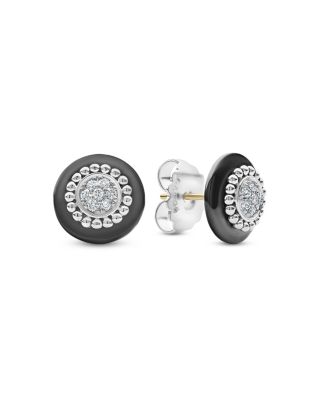 Sterling Silver Diamond & Black Ceramic Stud Earrings