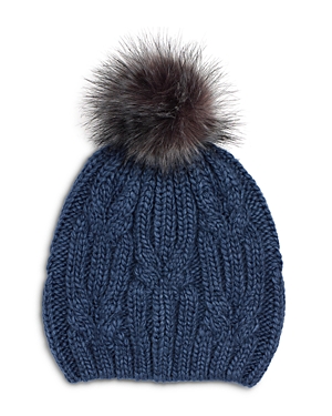 Echo Cable Knit Hat With Faux Fur Pom Pom In Denim Blue