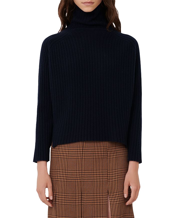 Maje Madinette Ribbed Knit Turtleneck Cashmere Sweater In Night Blue