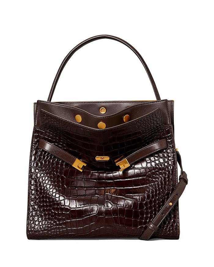 Tory Burch Lee Radziwill Croc Embossed Leather Double Bag In Pumpernickel Embossed gold ModeSens