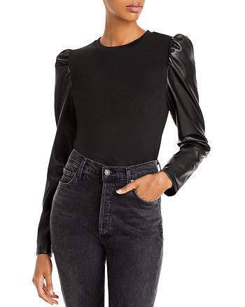 AQUA Faux Leather Puffed Sleeve Top - 100% Exclusive | Bloomingdale's