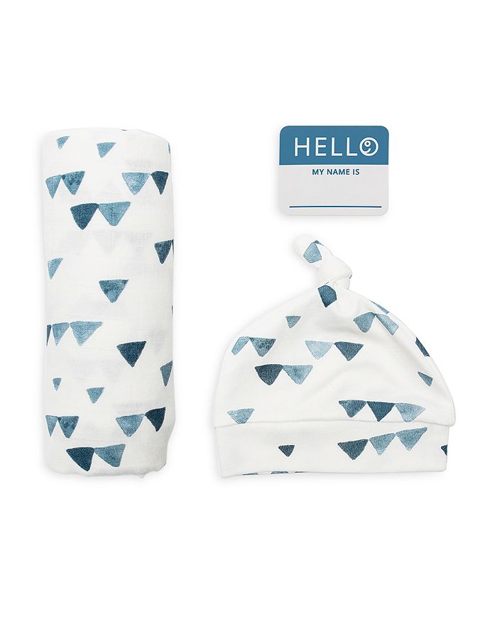 Bestever Kids' Boys' 3 Pc. Hello World Triangle Print Hat, Blanket & Name Tag Set - Baby In White