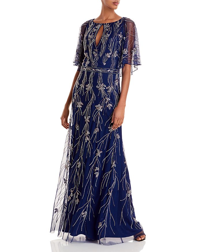 Aidan Mattox Capelet Back Beaded Gown In Navy