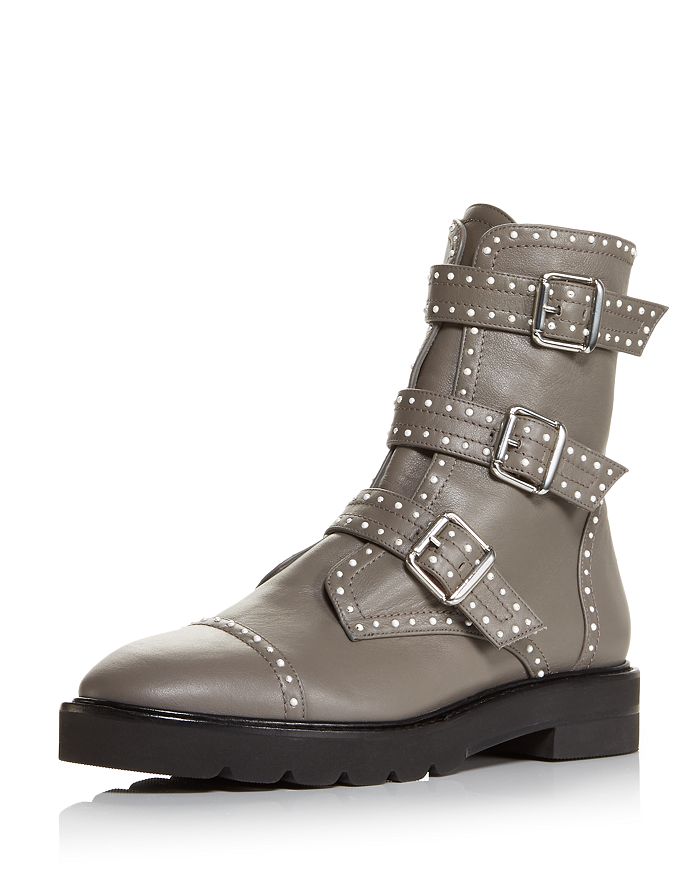 Stuart Weitzman Jesse Lift Studded Buckle Leather Boots In Flannel