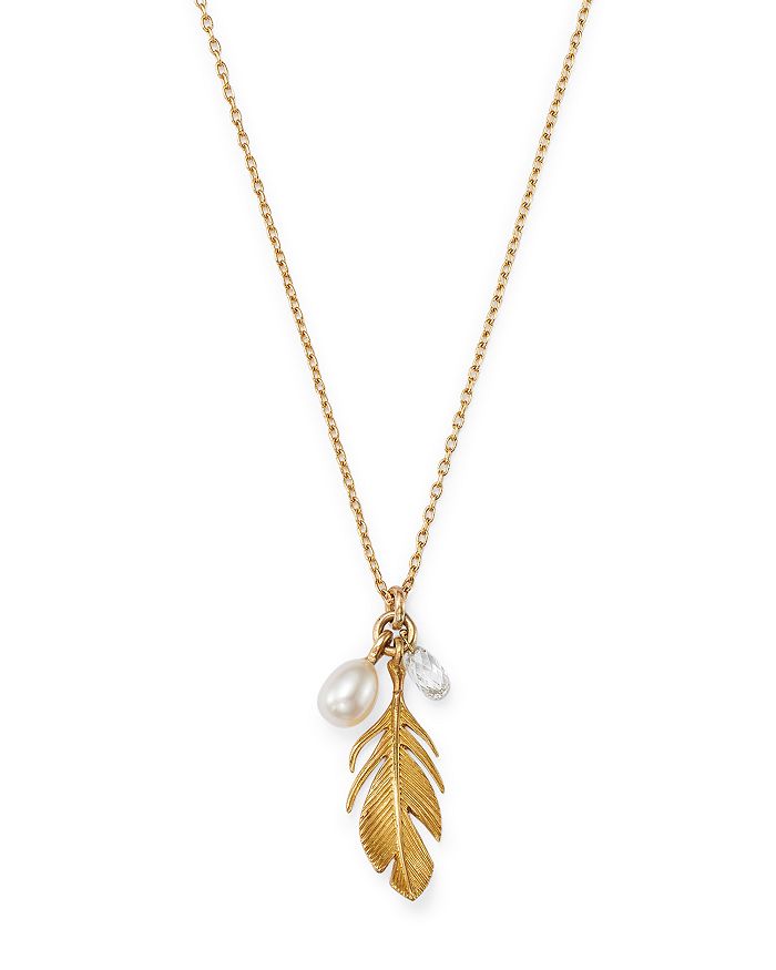Annette Ferdinandsen Design 18k Gold Feather Charm Pendant Necklace With Diamond & Pearl Drops