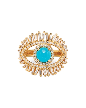 Suzanne Kalan 18k Yellow Gold Evil Eye Fireworks Turquoise And Diamond Ring In Turquoise