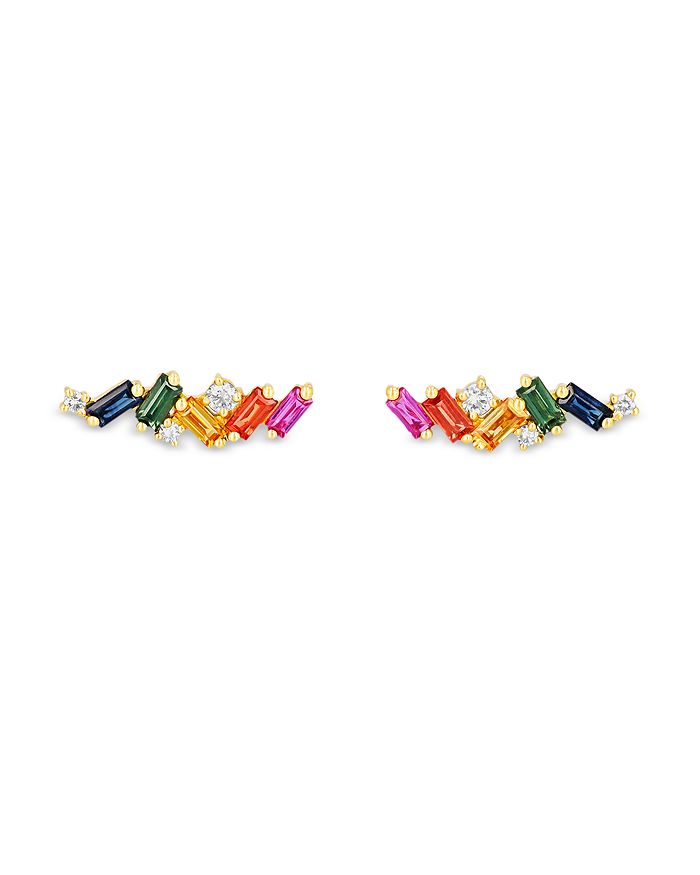 Shop Suzanne Kalan 18k Yellow Gold Rainbow Sapphire & Diamond Zigzag Stud Earrings