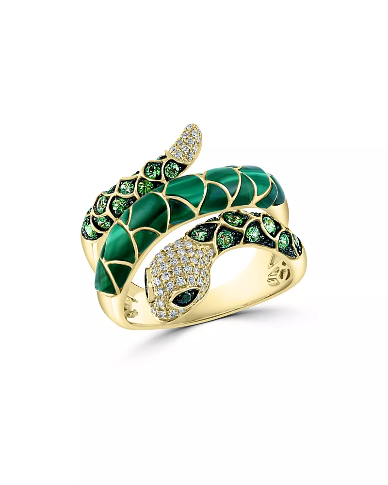 Bloomingdale's Fine Collection Malachite, Tsavorite & Multicolor Diamond Snake Ring in 14K Yellow Gold