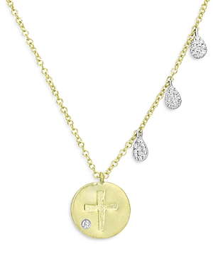 14K Yellow Gold Diamond Cross Disc Necklace, 18