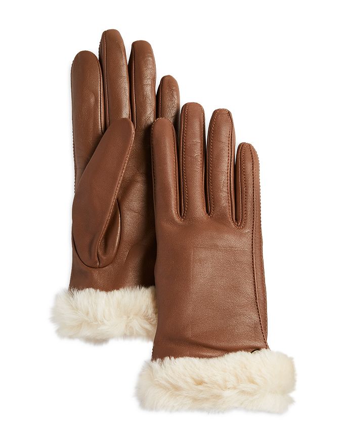 Ugg Shorty Shearling-cuff Leather Tech Gloves In Chestnut