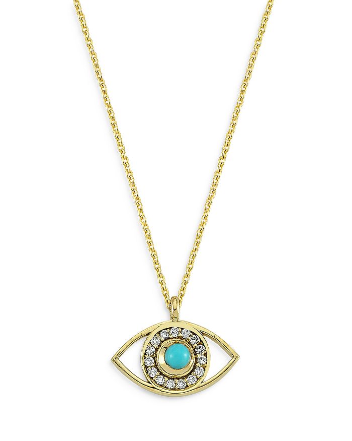 Own Your Story 14k Yellow Gold Boho Third Eye Is Open Diamond And Turquoise Pendant Necklace, 16 In Turquoise/gold
