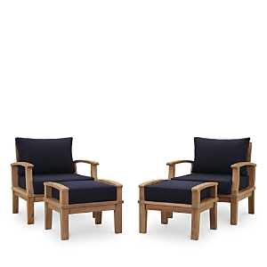 Modway Marina 4 Piece Outdoor Patio Teak Armchair And Ottoman Set In Natural Navy